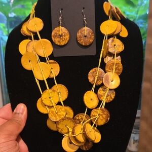 Yellow Disc Wood Necklace and Earring Set